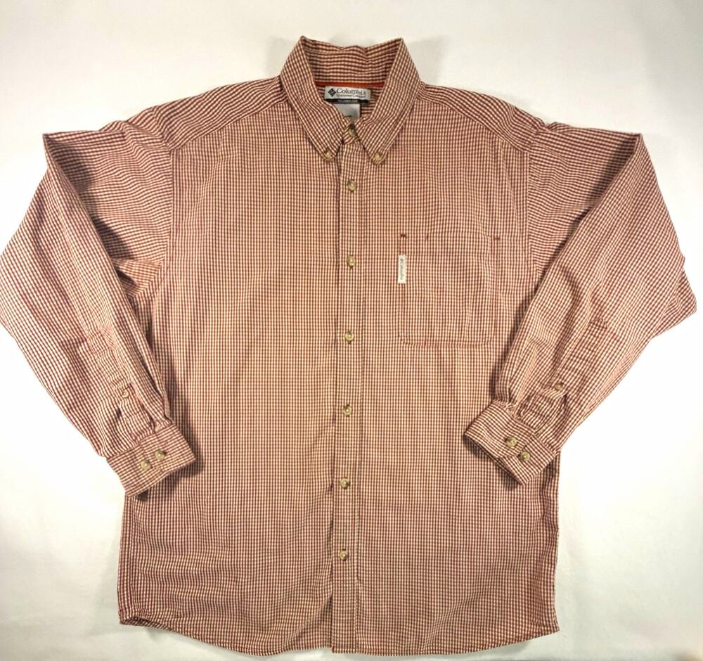 Columbia Men’s Large L Button Down Shirt Burgundy Check Long Sleeve 100% Cotton